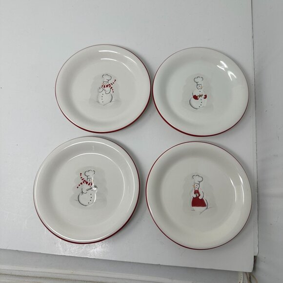 Williams Sonoma Outlet Snowman Chef Plates 6in Red Rim Winter Appetizer Set - Picture 12 of 16